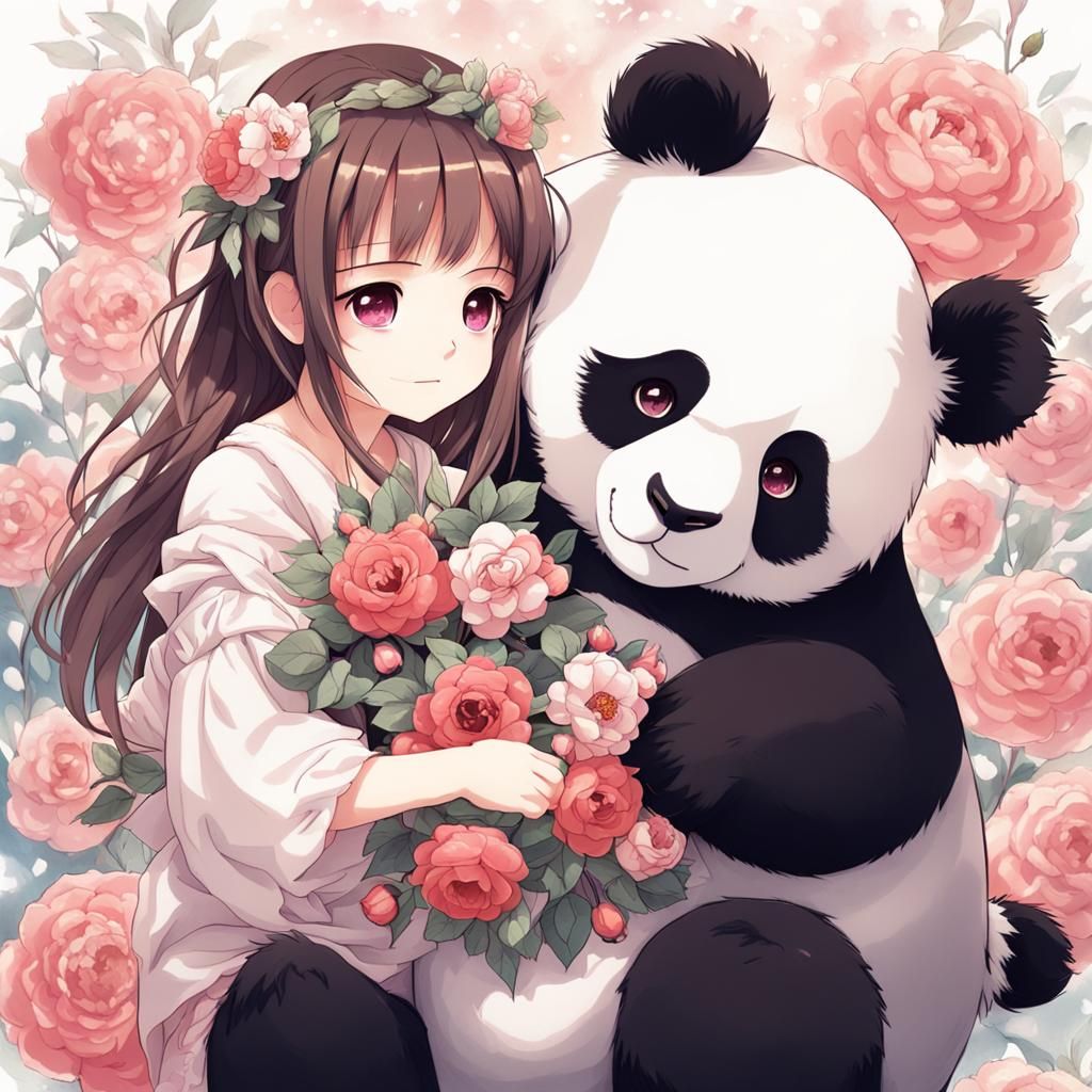 Delicate Flower Girl Hugging Panda in Anime Style