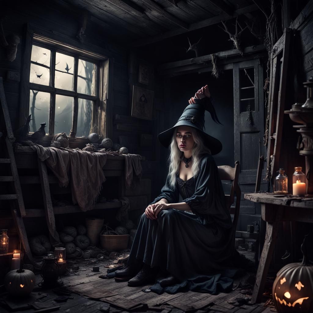 Surreal Sad Witch in Ramshackle House at Night