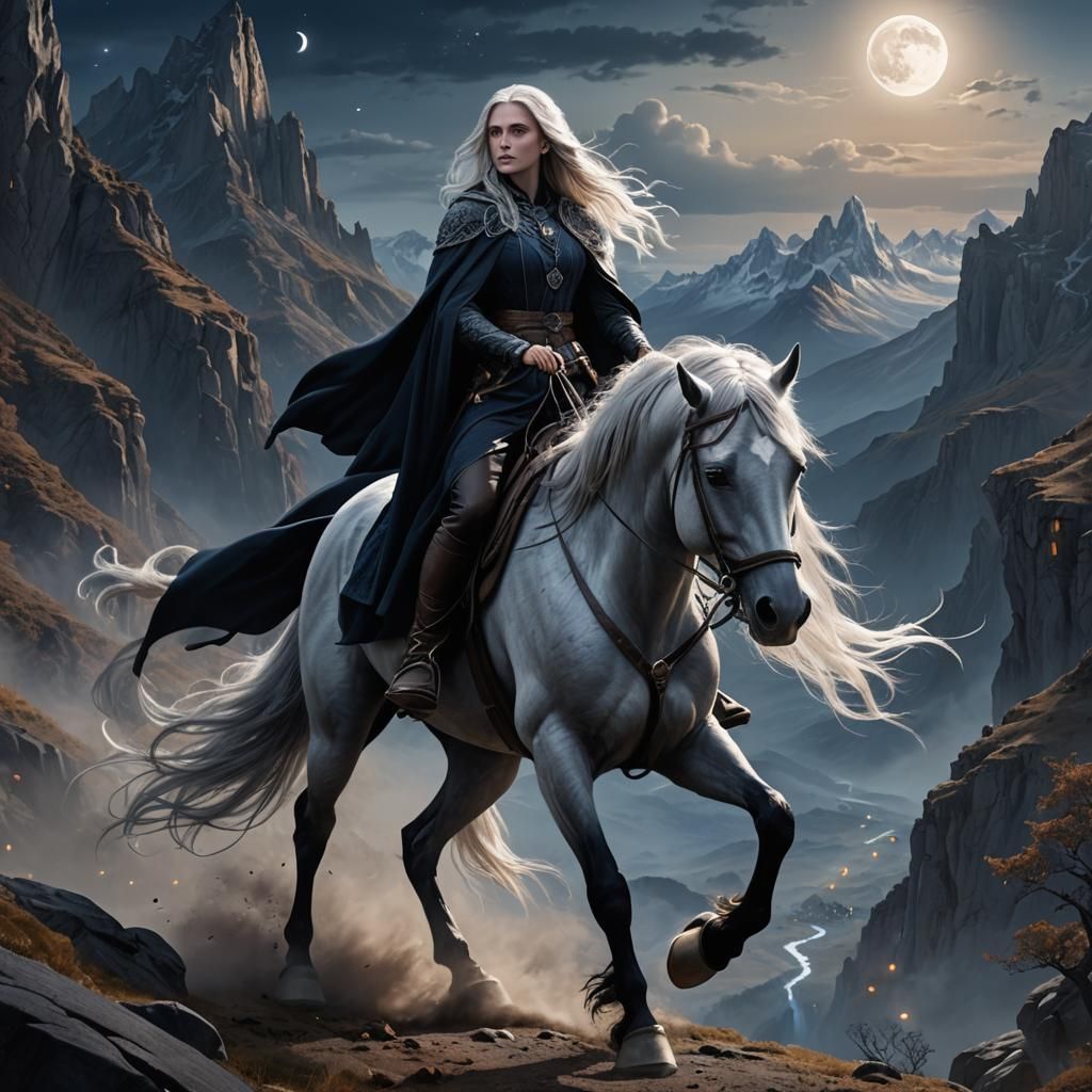 Girl on Horseback Under Moonlight, Fantasy Illustration