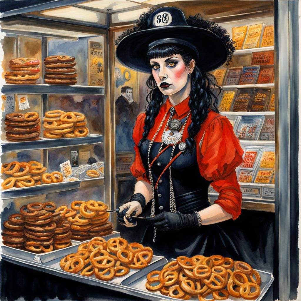 Goth Girl at Pretzel Kiosk: Watercolor Impressionist Art