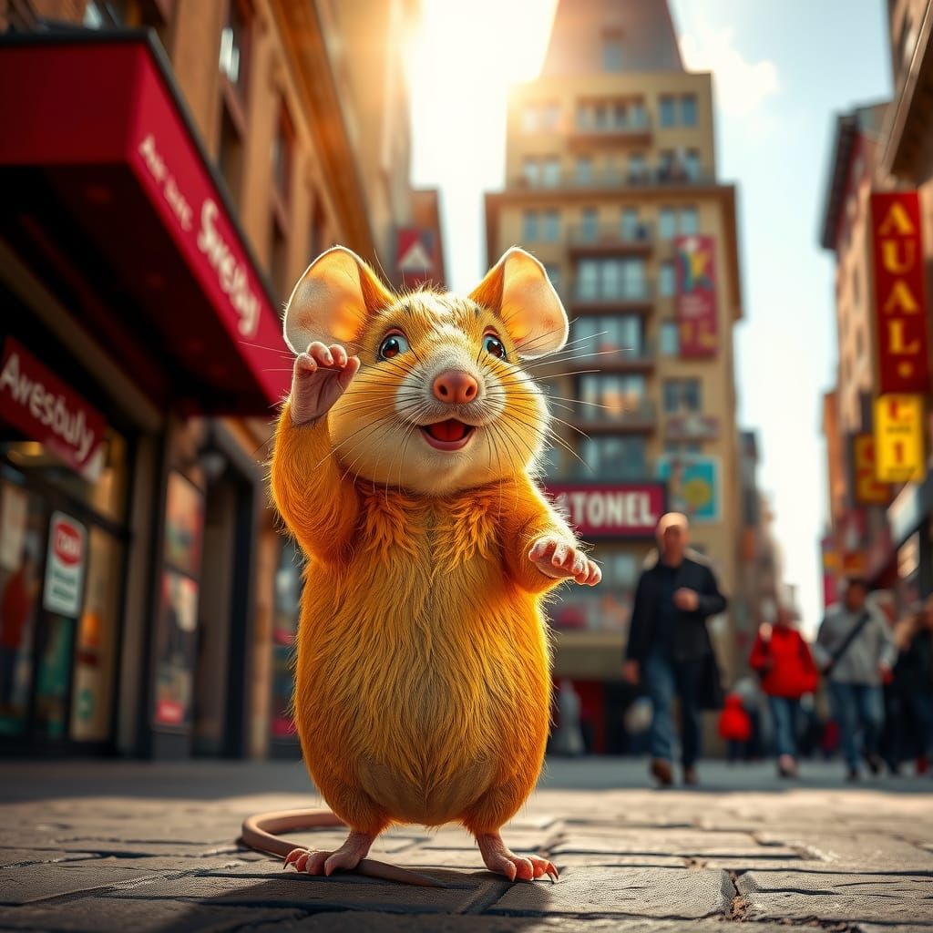 Orange Mouse Greets Passersby in Sunny City Street