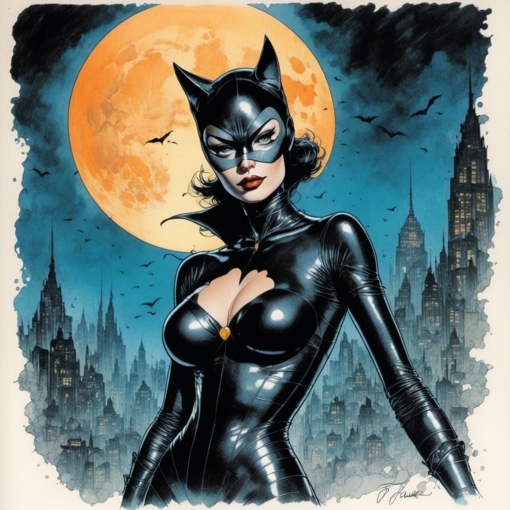 Catwoman Portrait in Watercolor Comic Style