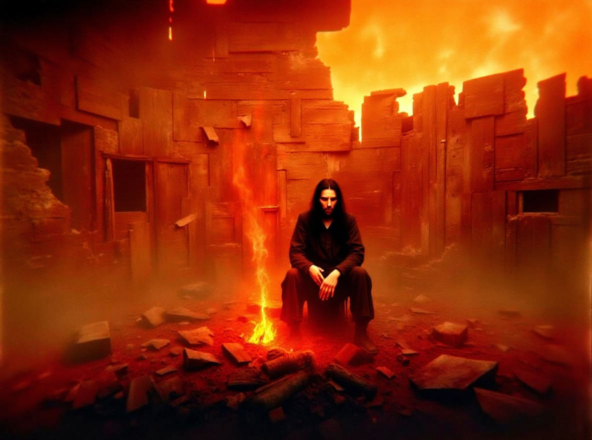 Meditative Man in Burning House: Surreal Dystopian Art