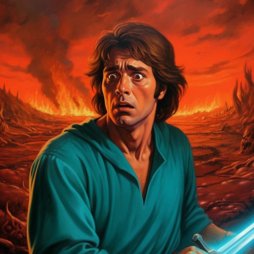 Terrified Man with Sword in Hellish Landscape