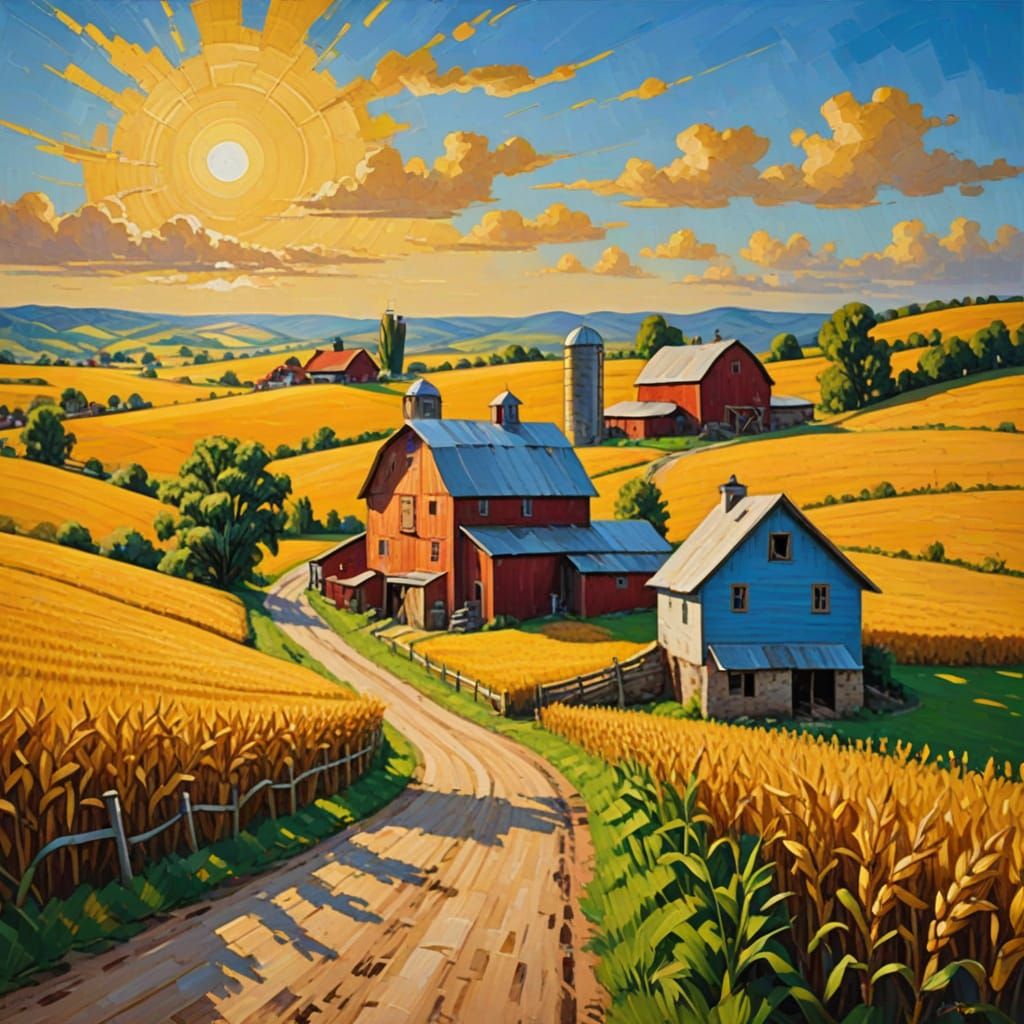 Classic Farm Scene in Vibrant Oil Painting Style
