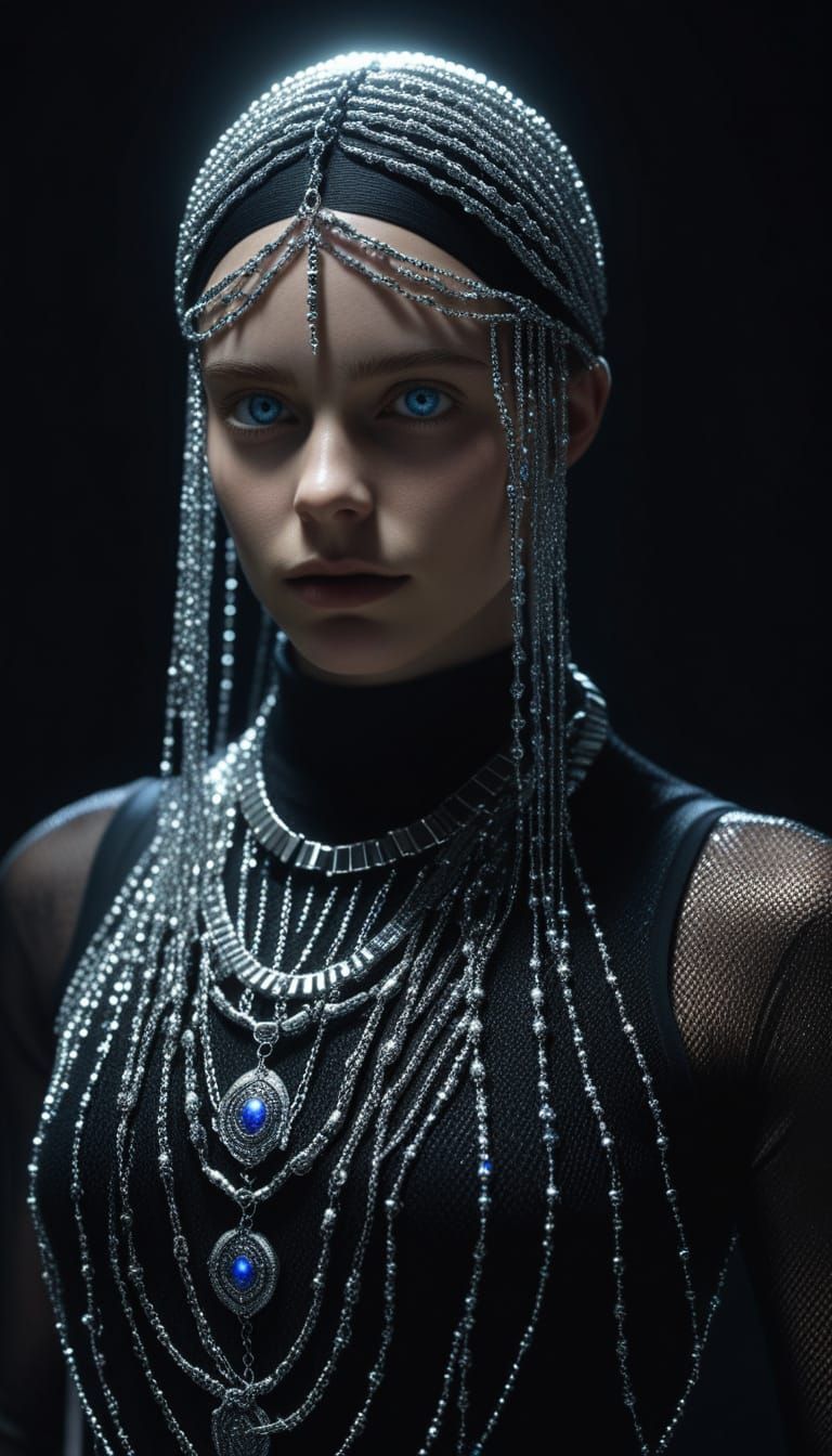 Ethereal Woman With Silver Beaded Head Covering