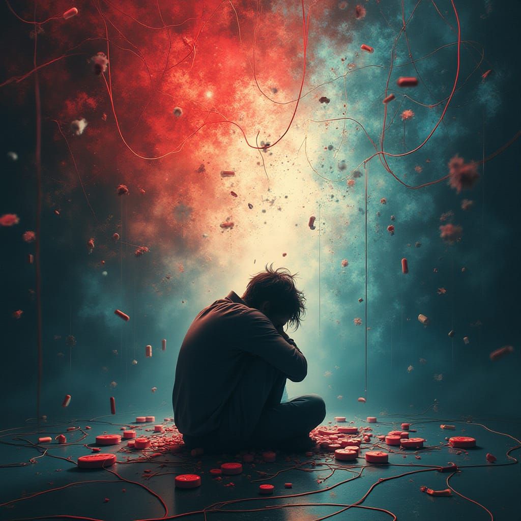 Surreal Portrait of Emotional Exhaustion in a Chaotic Landsc...