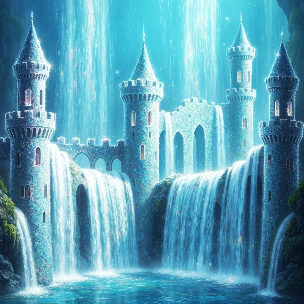 Ethereal Water Castle with Prismatic Rainbow Glow