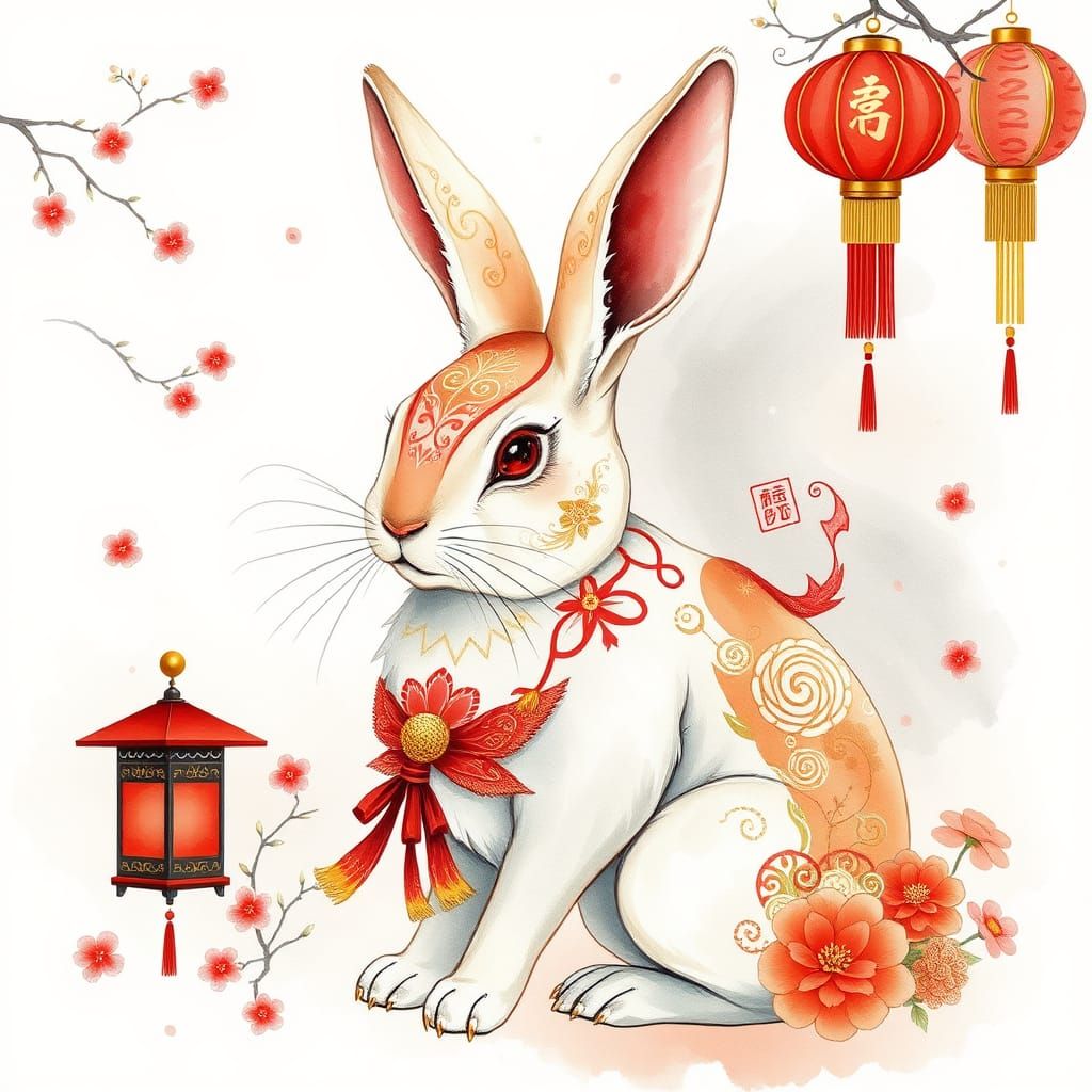 Chinese Watercolor Rabbit Illustration in Lian Quan Zhen Sty...