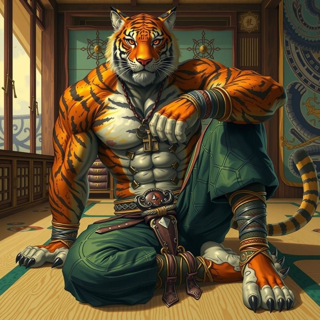 Cyberpunk-Style Tiger Warrior Shares Wisdom in Ancient Dojo