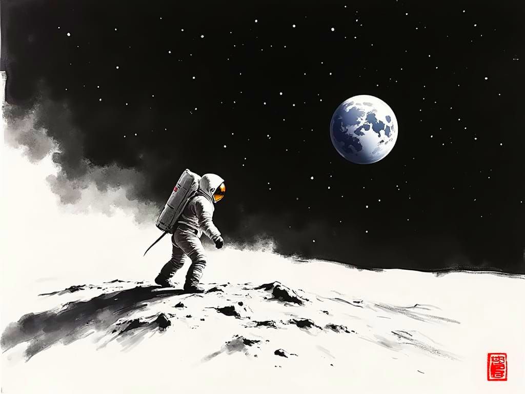 Moonlit Figure in Sumi-e Silence