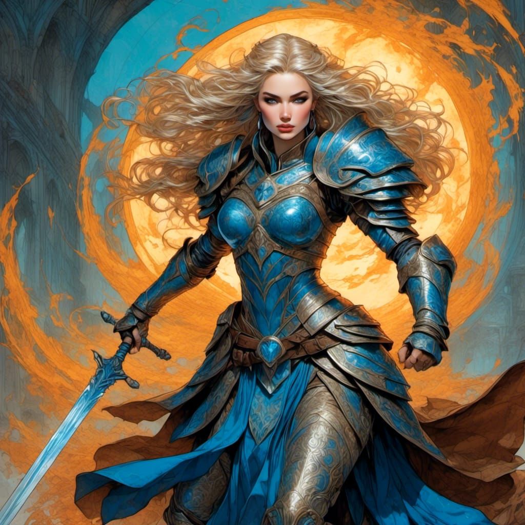 Lady Knight Mage with Swirling Magic in Cell-Shaded Style