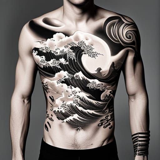 Japanese Tattoo Art: Waves and Clouds in Black and White