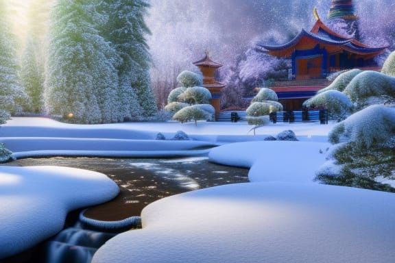 Winter Buddhist Temple in Snowy Landscape