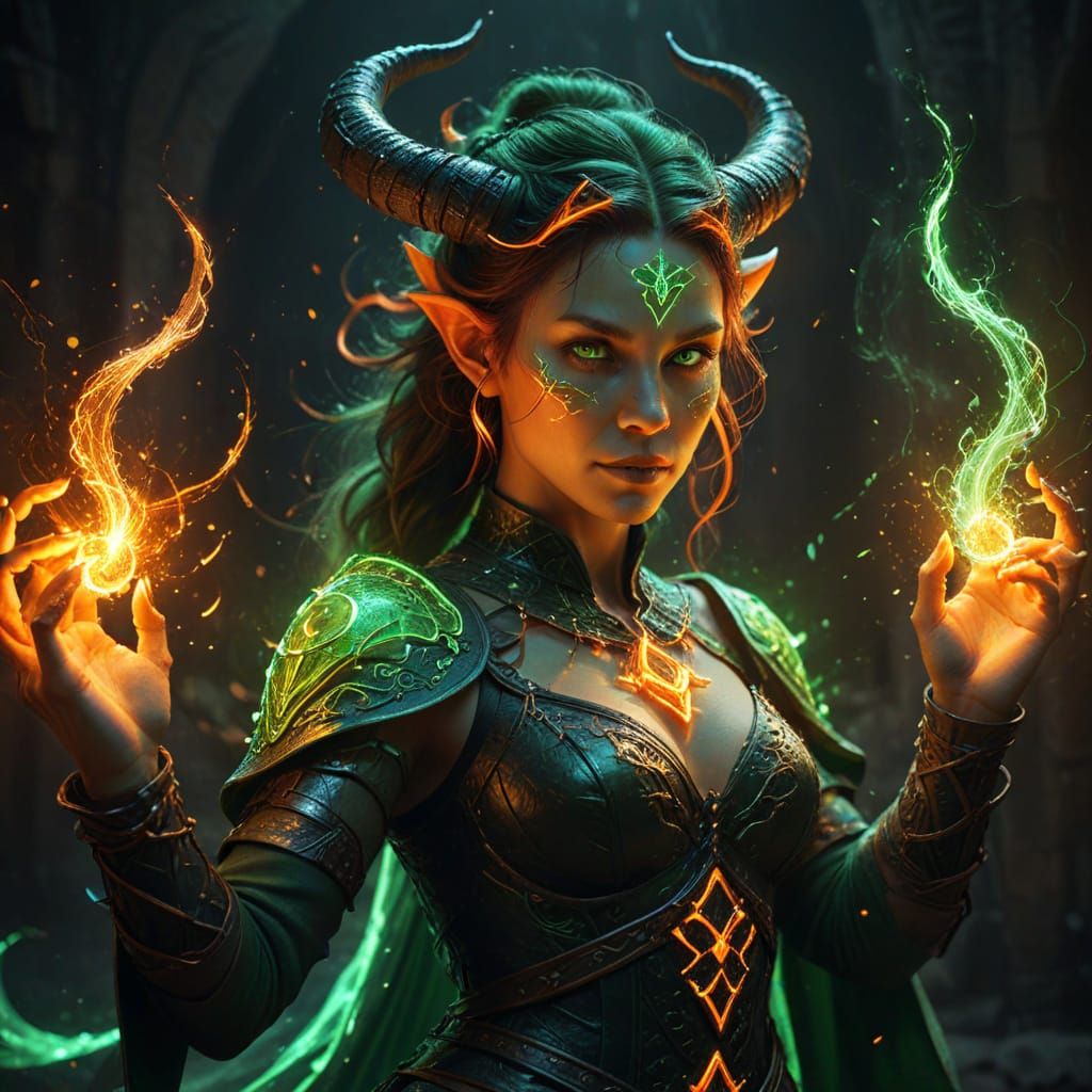 Tiefling Woman Casting Neon Spells in Fantasy Art