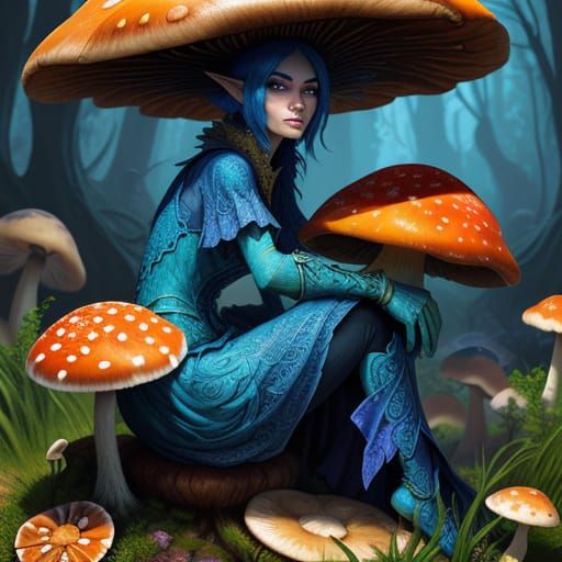 Fantasy Frog Woman on Mushroom, Digital Art