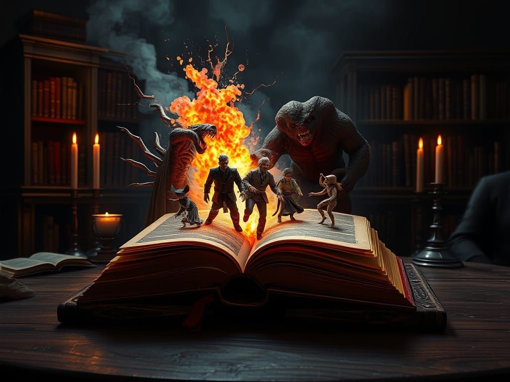 Monsters Emerge from Book Portal, Dark Fantasy Art