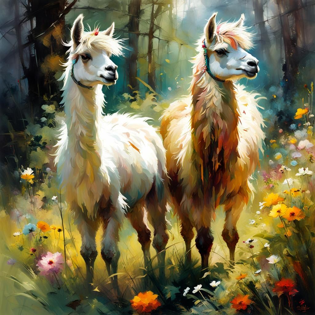 Llamas Playing in Forest: Detailed Matte Painting
