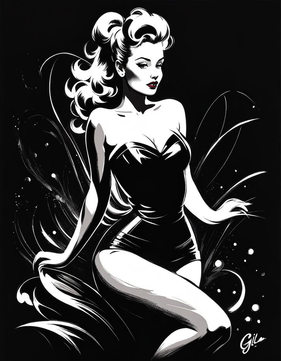 White ink drawing on black paper, sketch of a beautiful pinu...