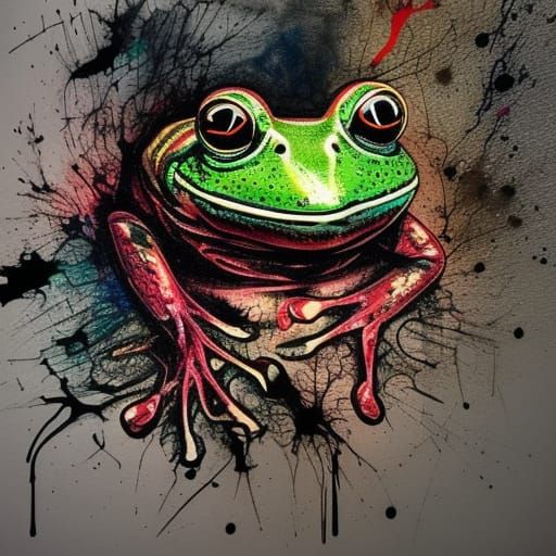 Frog in Black Armour with Ink Splatter Background