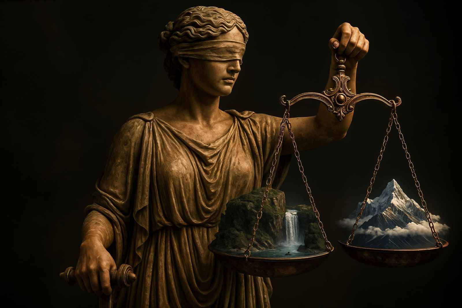 Goddess Themis Balancing Worlds: A Cinematic Vision