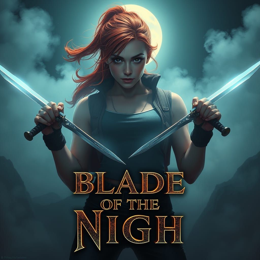 Heroic Woman Wields Blades Under Nocturnal Fog