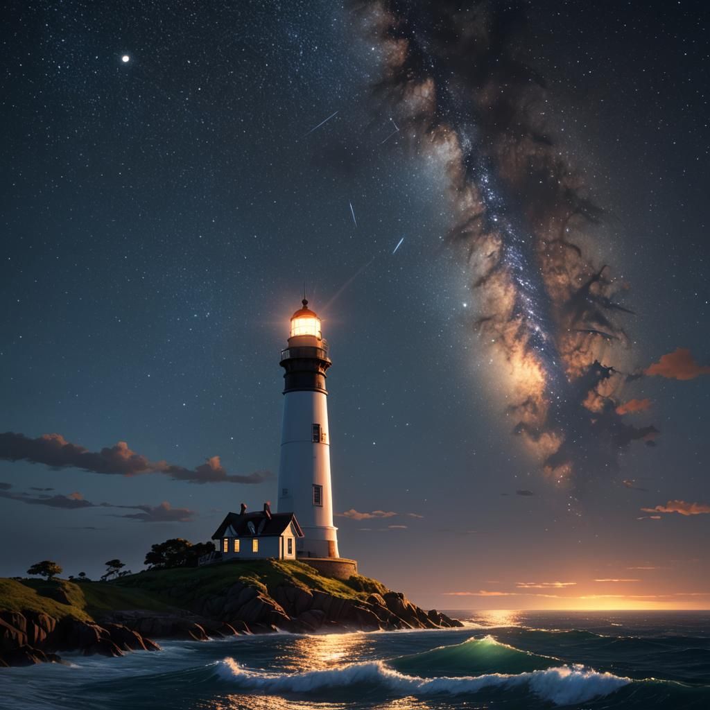 Lighthouse Guiding Ships at Night, in Anime Art