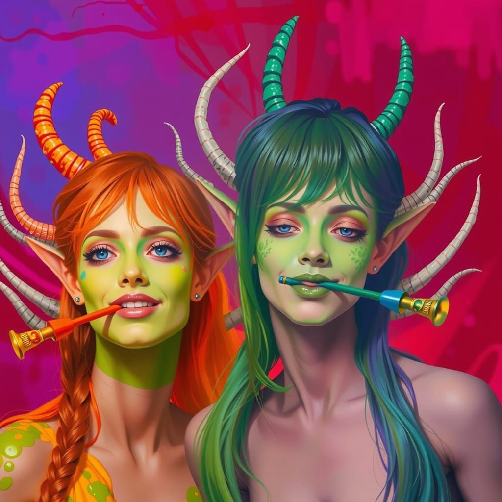 Psychedelic 60s Art: Green Fauns Play Flutes
