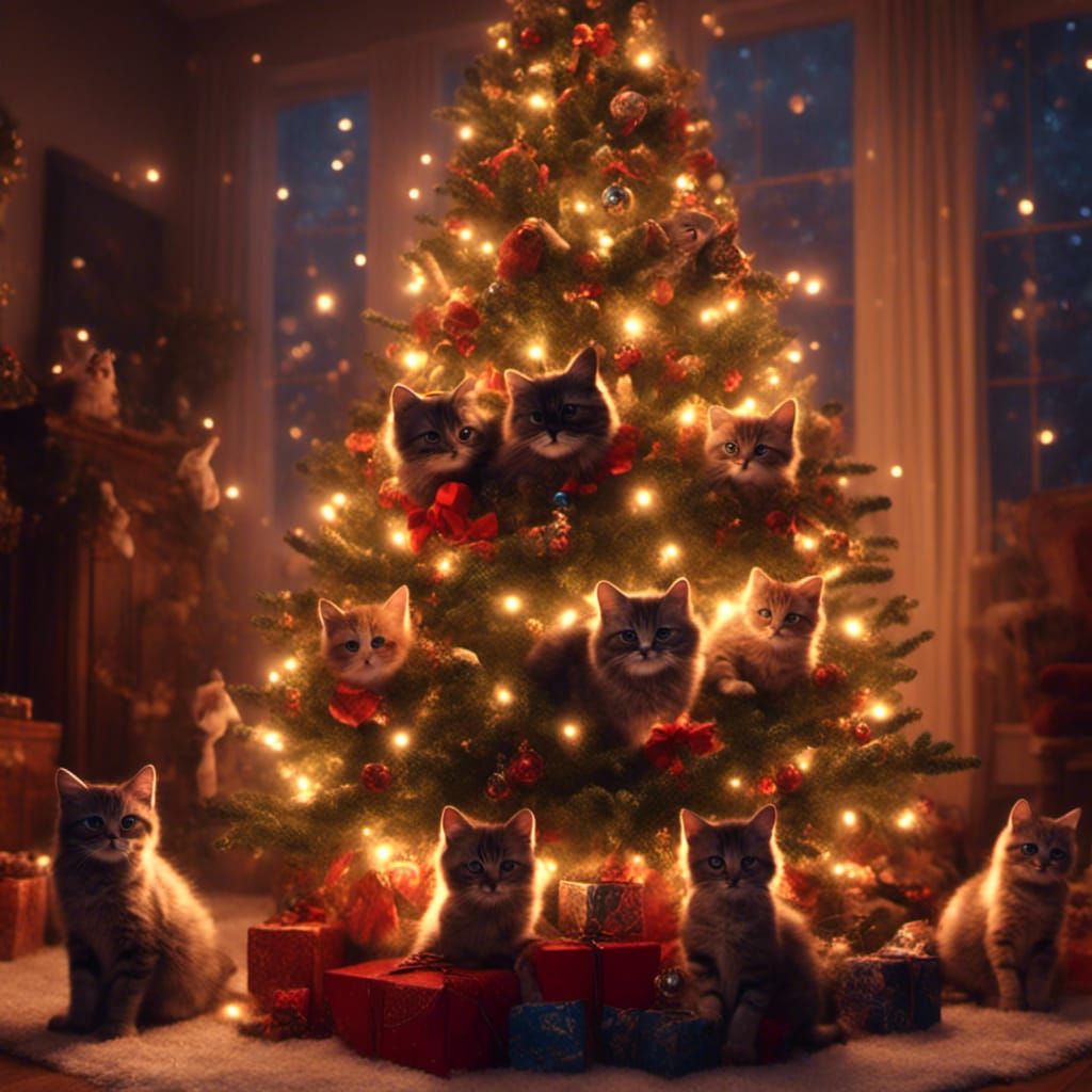 Kittens Hide in a Christmas Tree Render