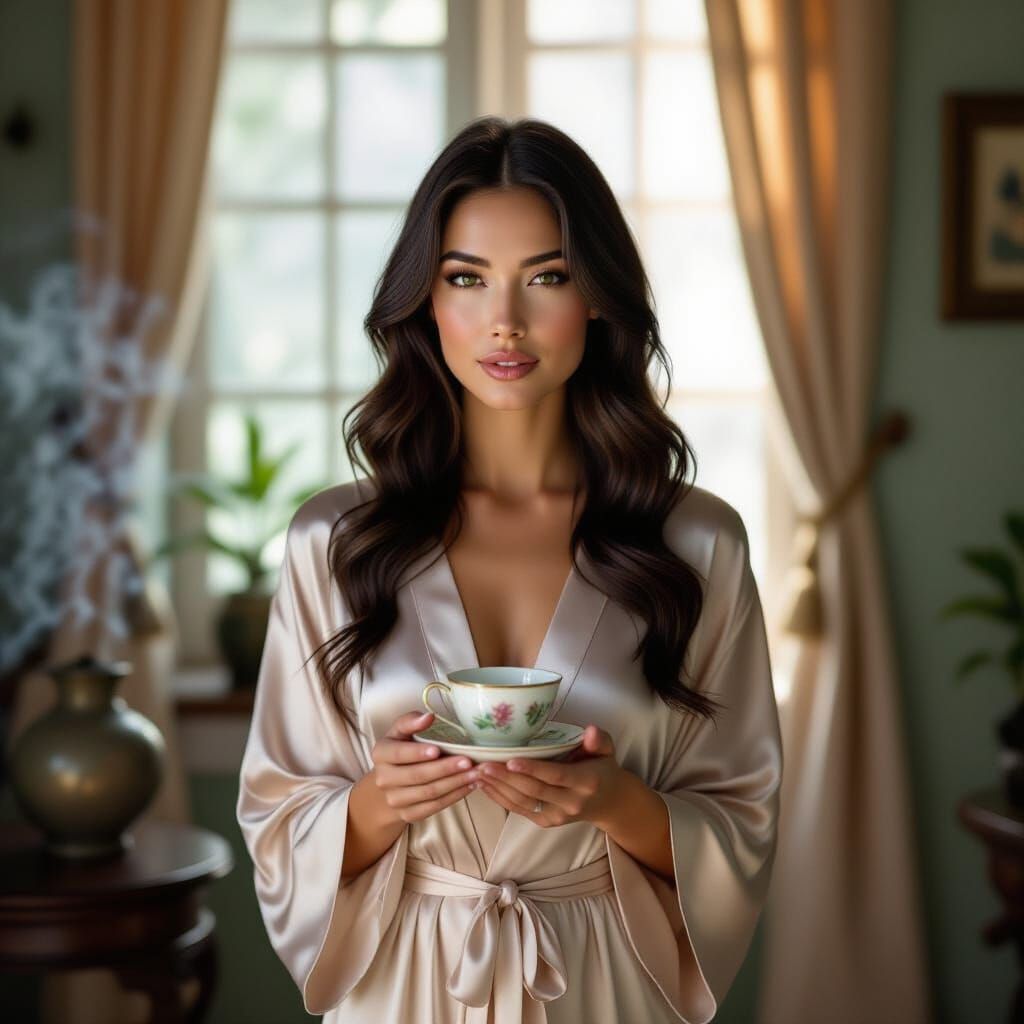 Serene Woman in Silk Robe, Cinematic Editorial
