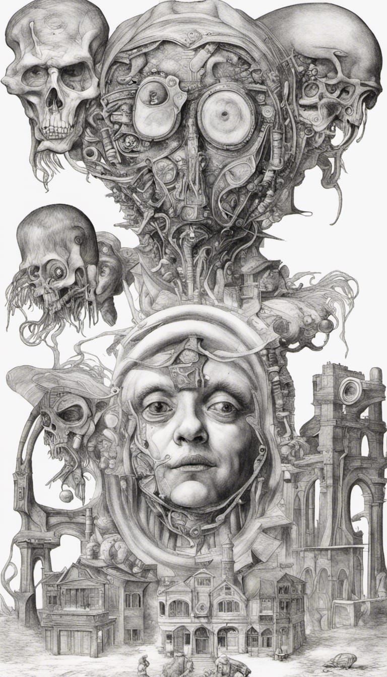 Surreal Post-Apocalyptic Head Drawing in Art Nouveau Style