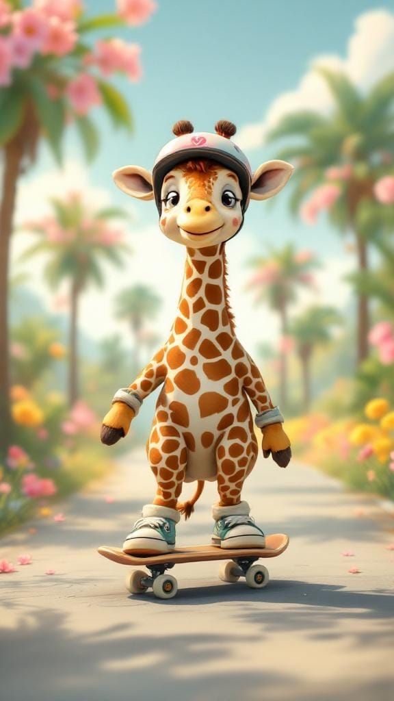 Giraffe on Skateboard in Pastel Cartoon Style