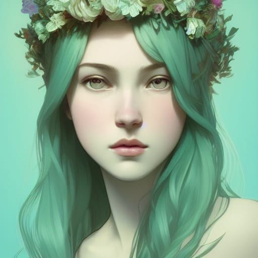 Mint Green Flower Crown Portrait in Digital Art Style