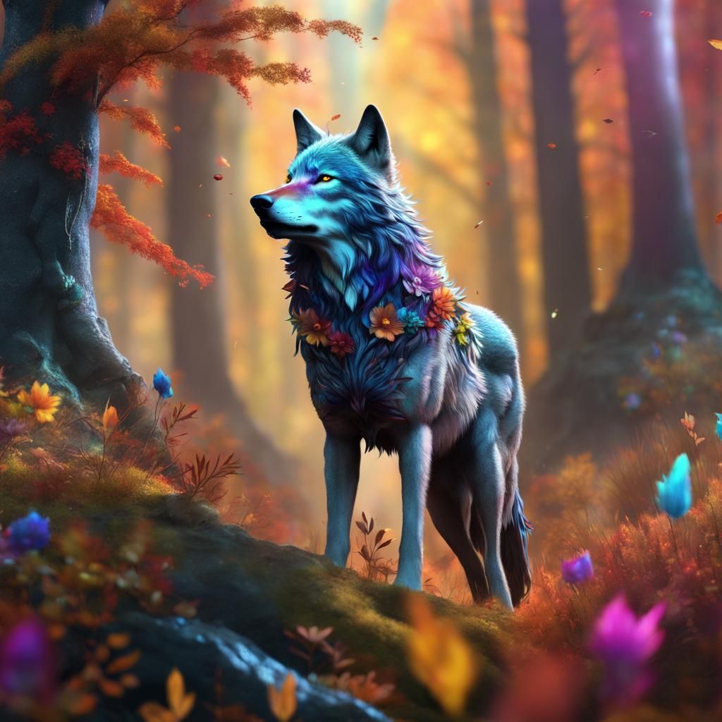Wolf with Rainbow Flowers in Autumn Forest