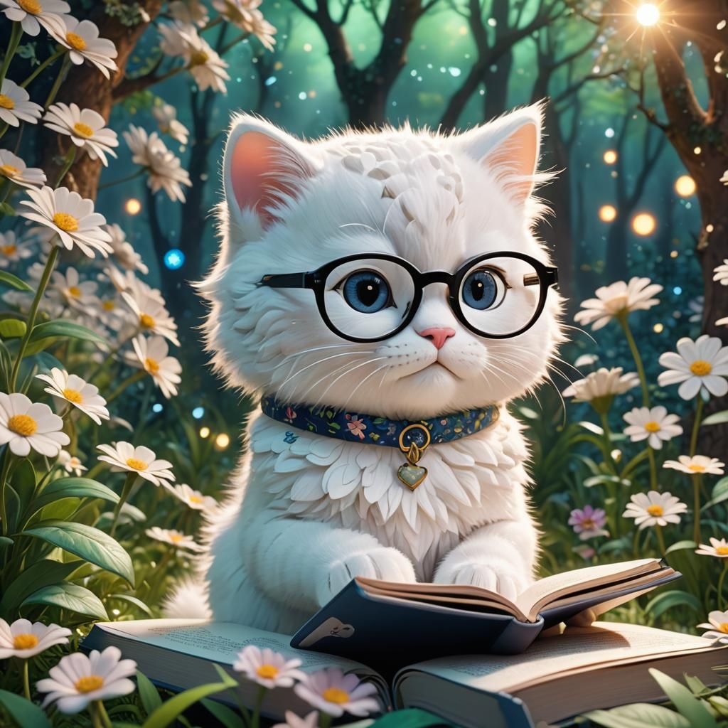 Cute Kitty Reads in Floral Forest: 3D Digital Art