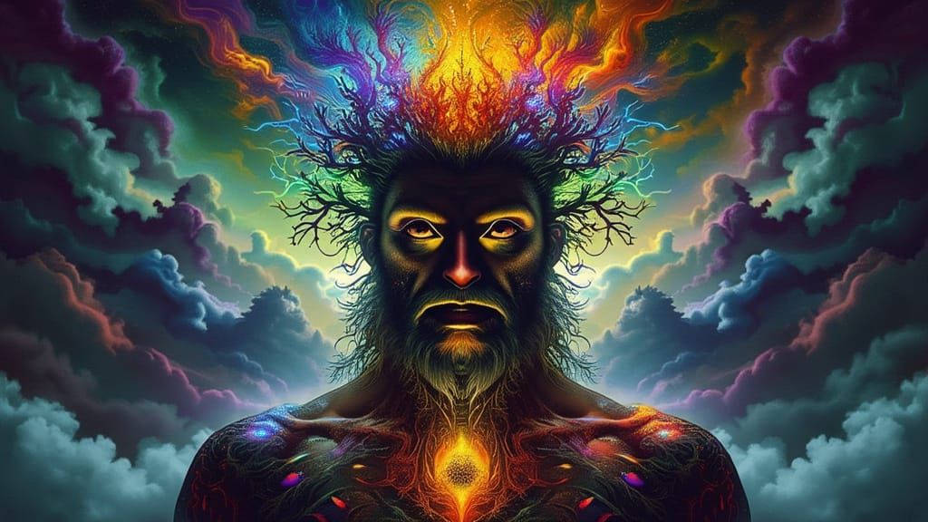 Fractal-Faced Man with Rainbow Lightning: Ethereal Fantasy