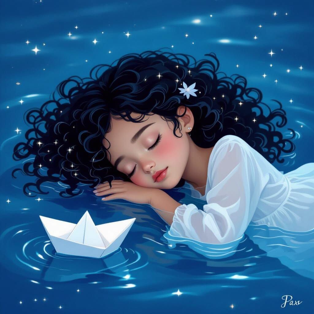 Dreamy Anime Girl Sleeps on Night Ocean with Paper Boat