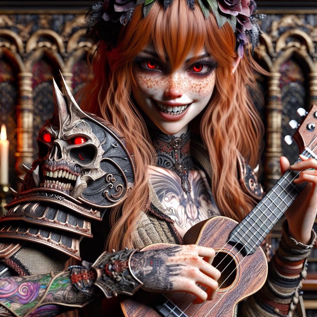 Anime Ukulele Player with Tattoo Sleeve