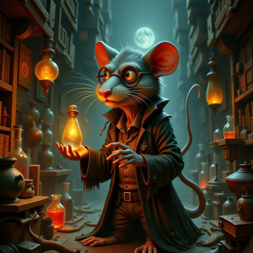 Wise Old Rat in Mystical Lab: Classic Animation Style