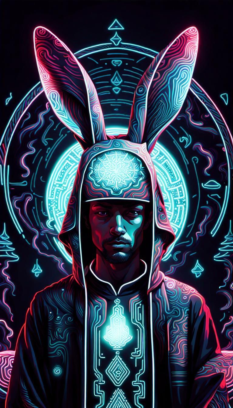 Rabbit-Headed Man in Psychedelic Glitchcore Style