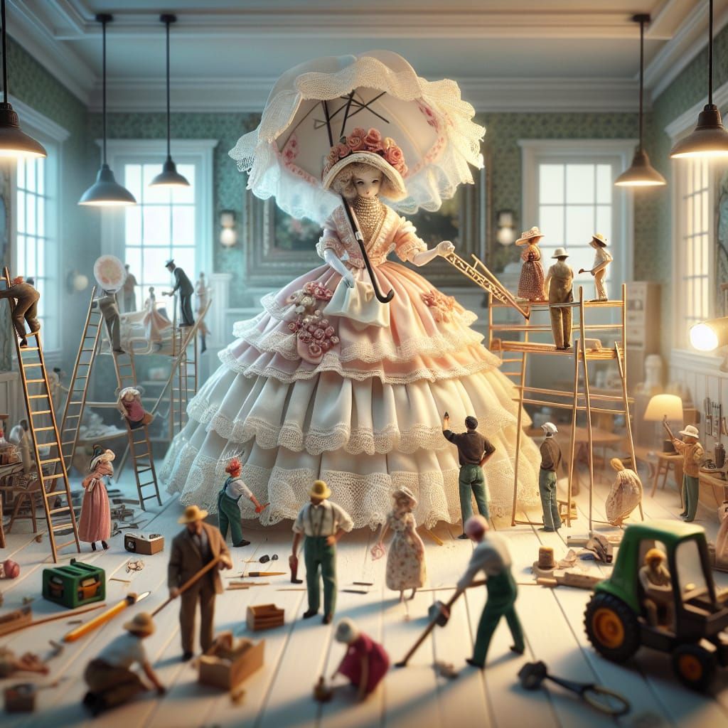Whimsical Miniature Builders Craft Elegant Doll in Playroom
