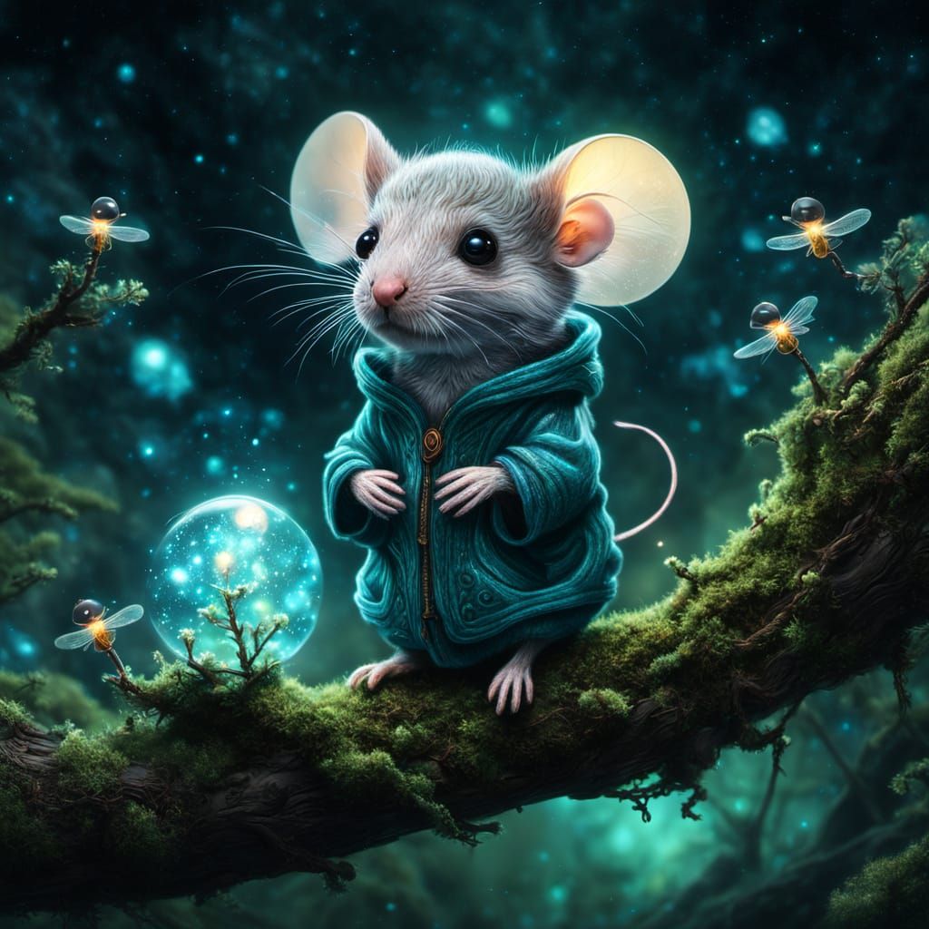 Chibi Mouse Gazes at Nebula in Cosmic Forest