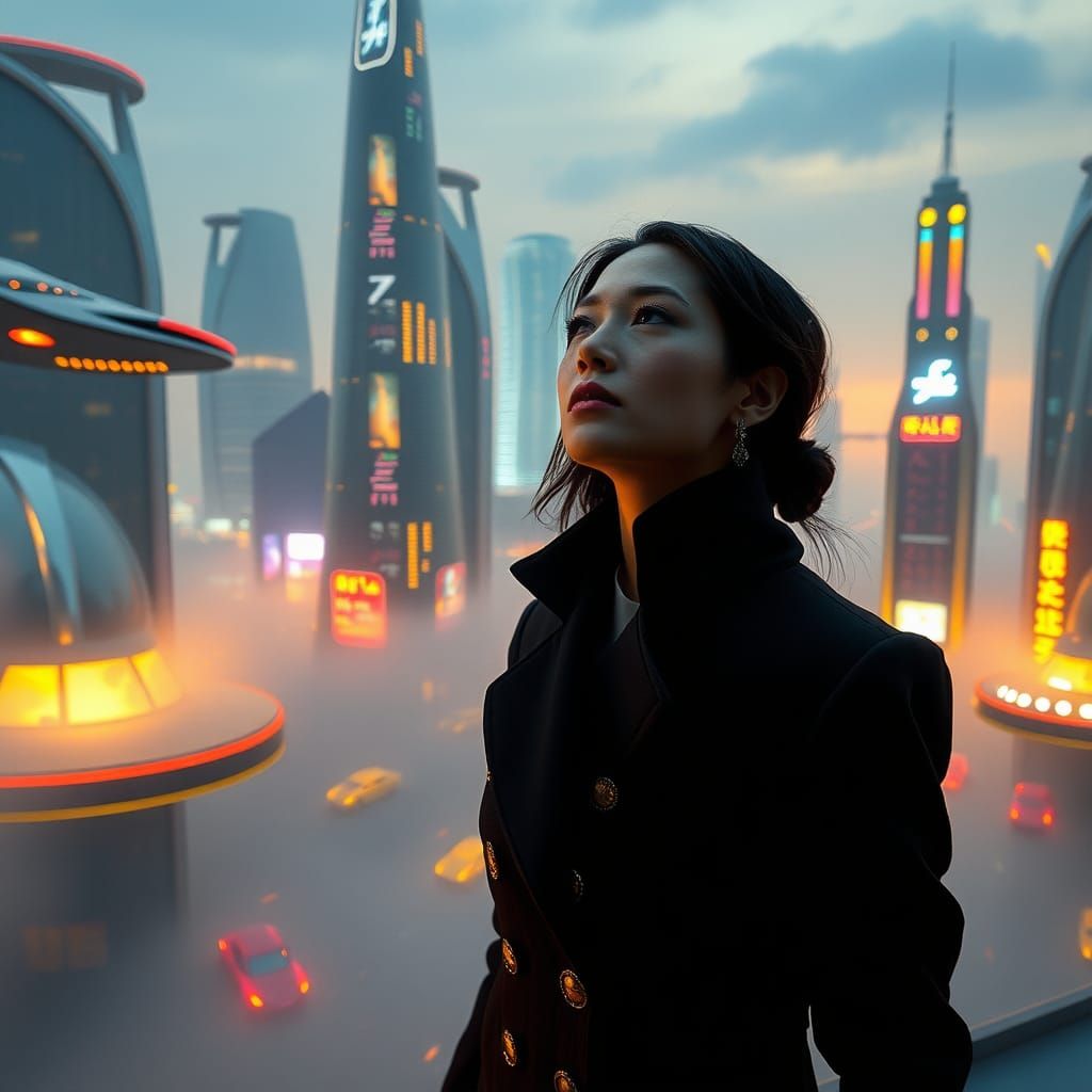 Futuristic Metropolis with Flying Cars in Cyberpunk Style