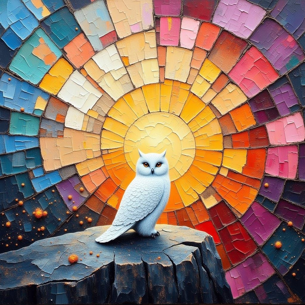 Vibrant Sunset Owl in Cracked Impasto Art