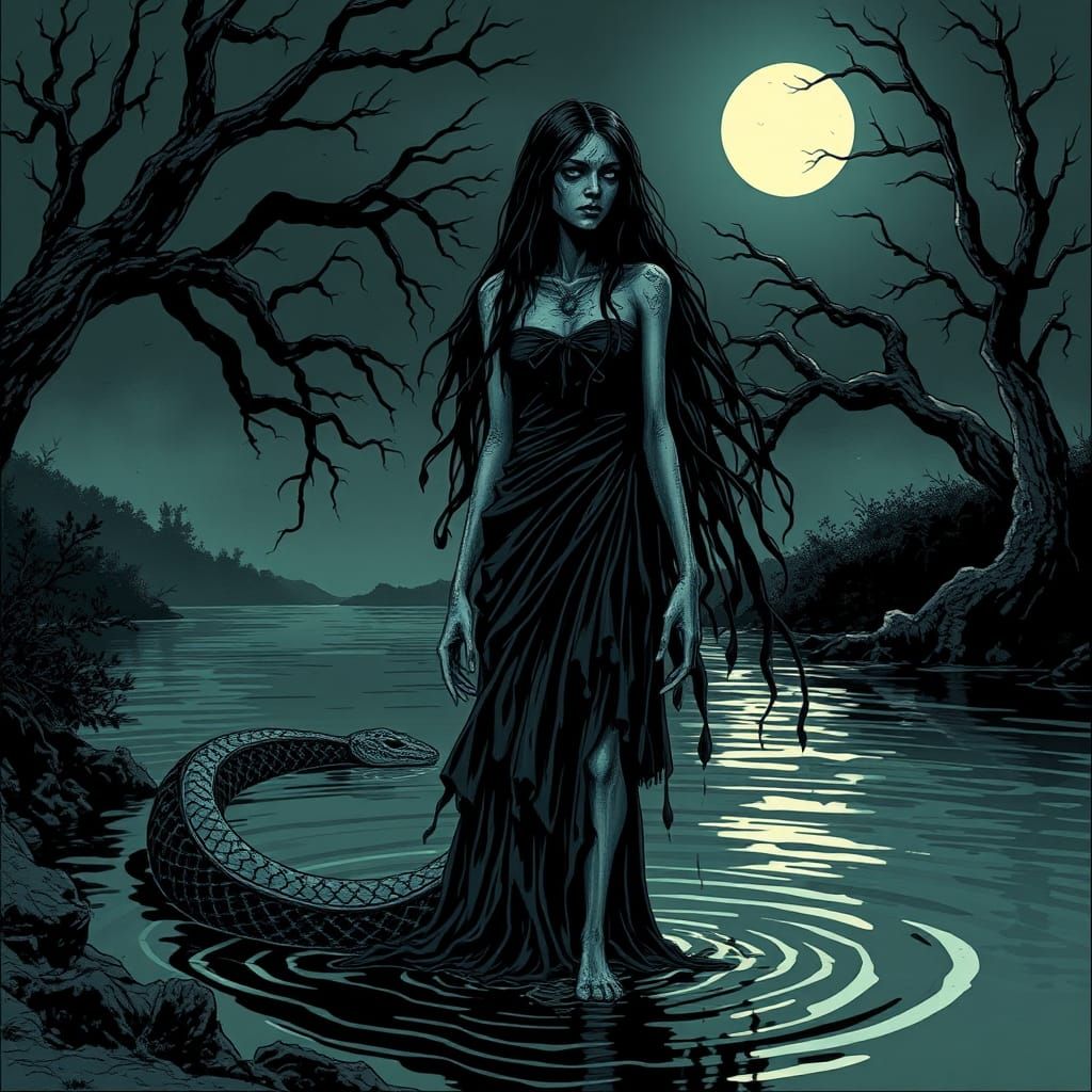 La Llorona Serpent Hybrid in Junji Ito Horror Manga Style