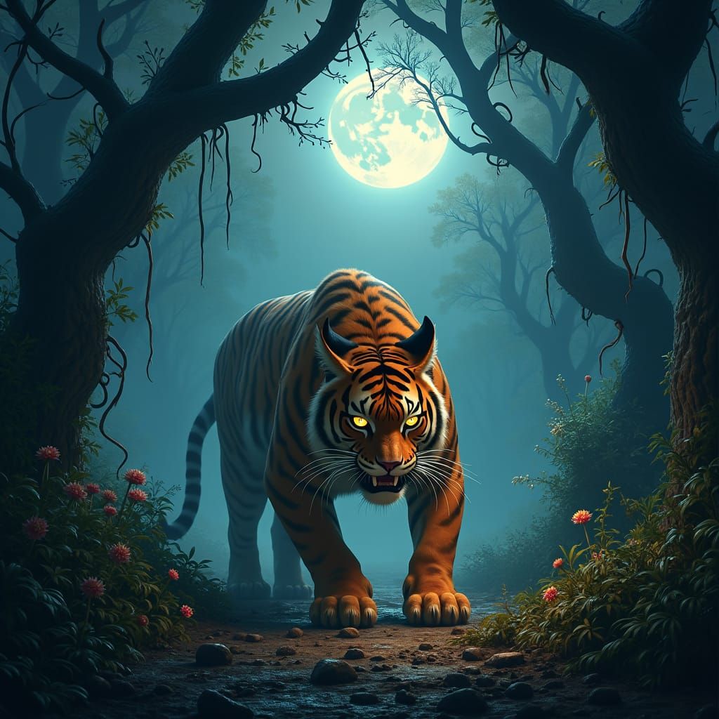 Bengal Tiger Hunt in Primeval Jungle: Matte Painting