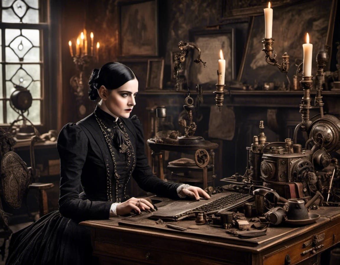 Wednesday Addams Works on Steampunk Laptop