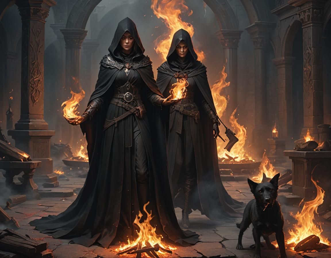 a woman that is standing in front of a fire, fantasy card game art, dark cloaked necromancer, path based unbiased render...