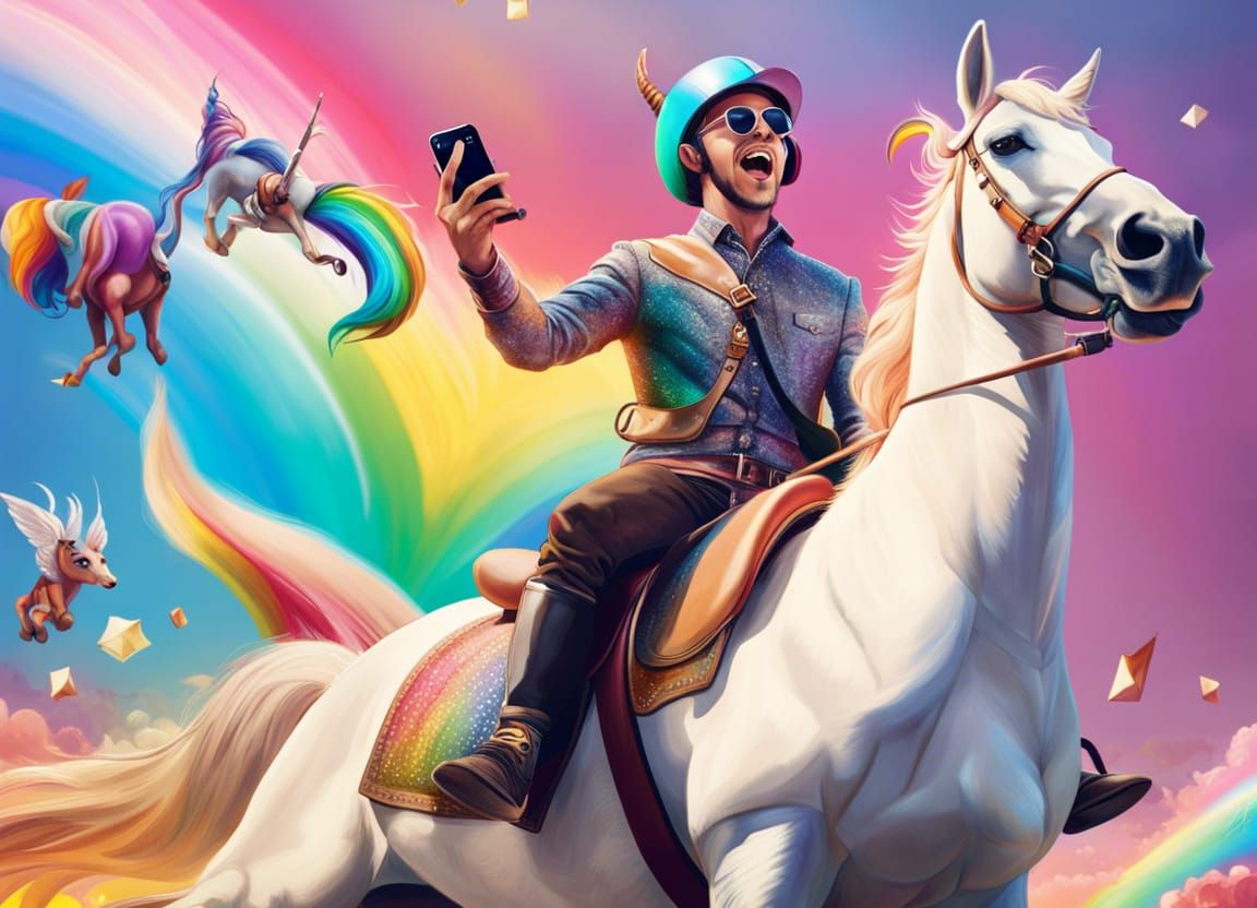 Hyperrealistic Selfie on a Rainbow Unicorn