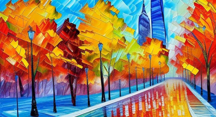 Autumn Trees on New York Street: Expressionist Impasto